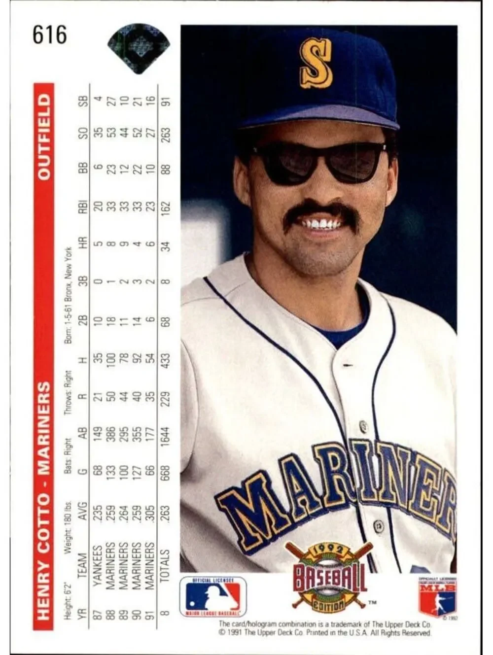 Henry Cotto 1992 Upper Deck MLB #616 Baseball Card Seattle Mariners